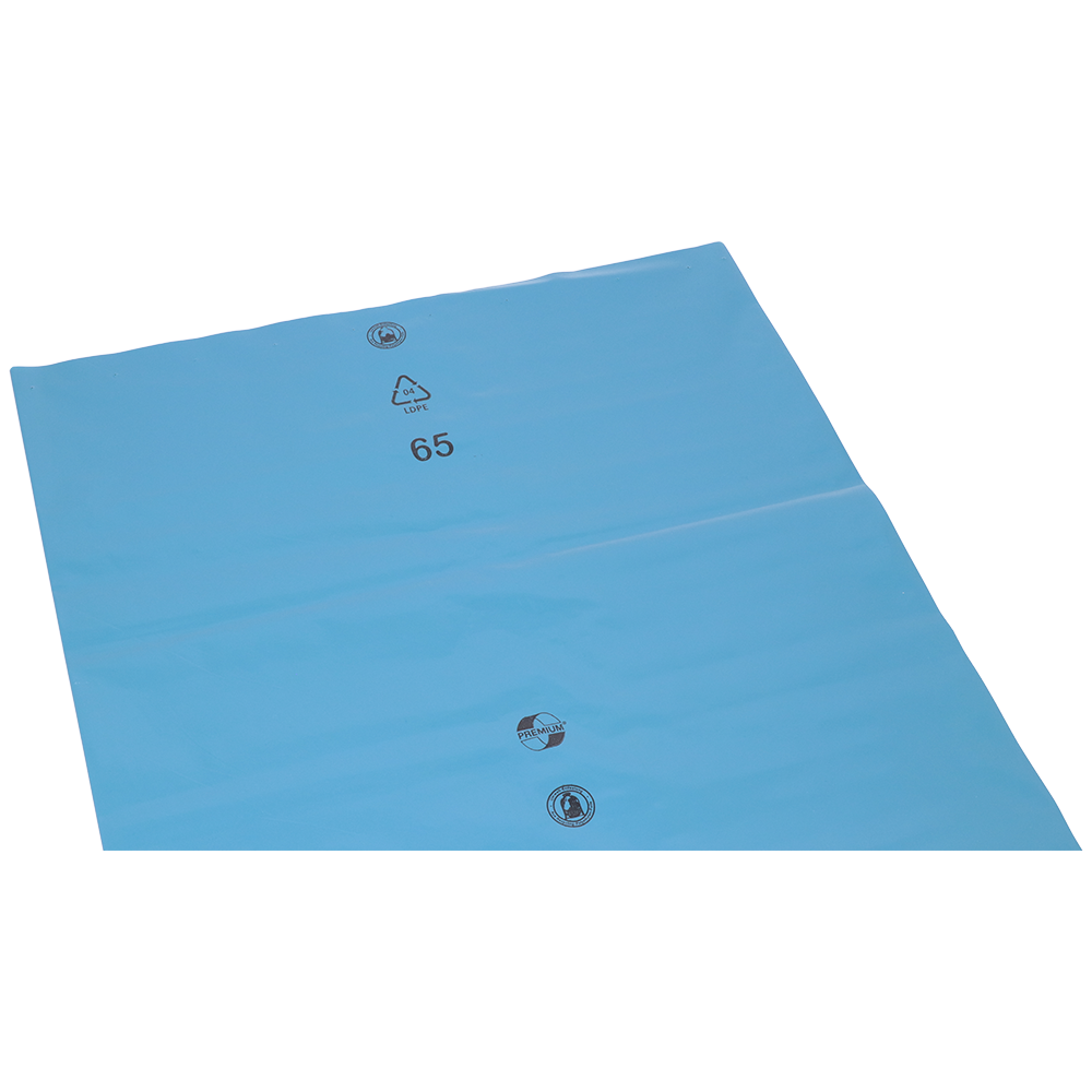 De DEISS 10103 (700x1100x0,15 mm) van EMIL DEISS KG is een blauwe, platte kunststofafvalverwerkingsfolie met 3 ventielopeningen en zwart bedrukte symbolen (recyclinglogo, "LDPE", "65"), vergelijkbaar met de blauwe vuilniszakken. Verpakt in dozen van 50 stuks.