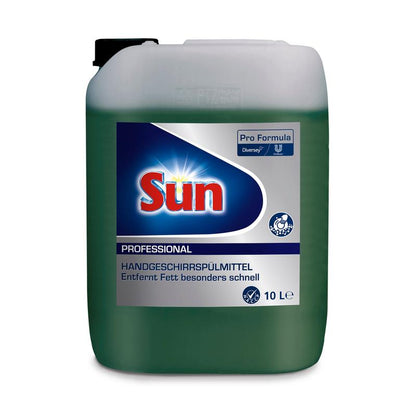 Een 10-liter container Diversey Sun Professional Handafwasmiddel van Diversey Deutschland GmbH & Co. OHG, geëtiketteerd in blauw, wit en rood met Duitse tekst en logo's. De gedeeltelijk gevulde container bevat groene vloeistof.