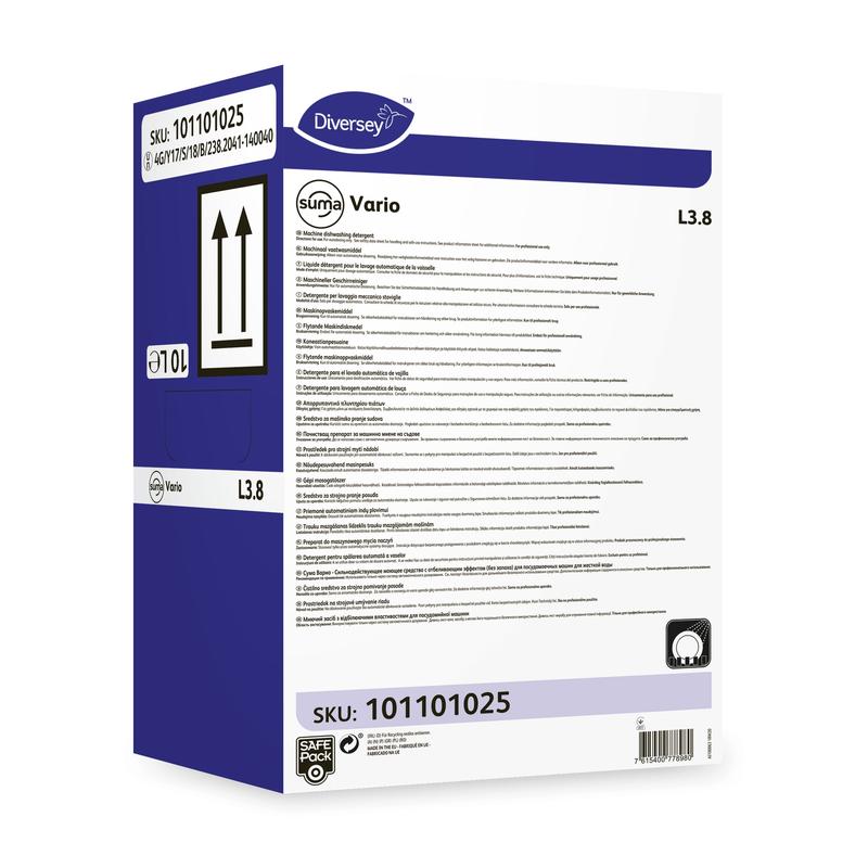 Een rechthoekige doos Diversey Suma Vario L3.8 vaatwasmiddel met bleekmiddel zonder chloorgeur (SKU 101101025) van Diversey Deutschland GmbH & Co. OHG toont productdetails, barcodes, zwarte omhoog gerichte pijlen en capaciteitsmarkeringen op een wit-blauwe achtergrond.