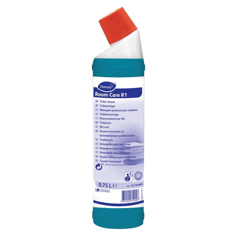 Witte kunststof fles met rode hoekdop en blauw etiket met het opschrift "Room Care R1 Toilet- en Urinoirreiniger, op basis van citroenzuur" van Diversey Deutschland GmbH & Co. OHG, 750 ml, etiket in meerdere talen.