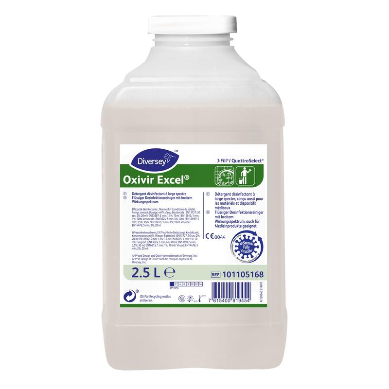 Eine 2,5-Liter-Flasche Oxivir Excel, Konzentrat, Desinfektionsreiniger mit AHP von Diversey Deutschland GmbH & Co. OHG, mit weißem Deckel und grün-weißem Etikett mit Produktinformationen, Anweisungen und Markendetails.