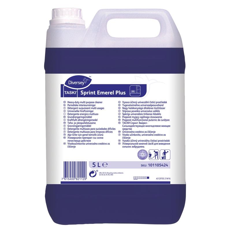 Een 5-liter container Diversey Deutschland GmbH & Co. OHG TASKI Sprint Emerel Plus, universele oplosmiddelhoudende krachtige reiniger, met paarse vloeistof en een etiket met instructies, productinformatie en een barcode.