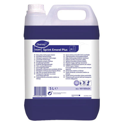 Een 5-liter container Diversey Deutschland GmbH & Co. OHG TASKI Sprint Emerel Plus, universele oplosmiddelhoudende krachtige reiniger, met paarse vloeistof en een etiket met instructies, productinformatie en een barcode.