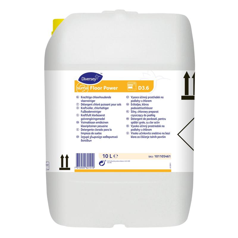 Een 10-liter jerrycan Suma Floor Power D3.6, een chlooralkalische vloerreiniger van Diversey Deutschland GmbH & Co. OHG, met een gele dop en een meertalig etiket met instructies en zwarte symbolen.