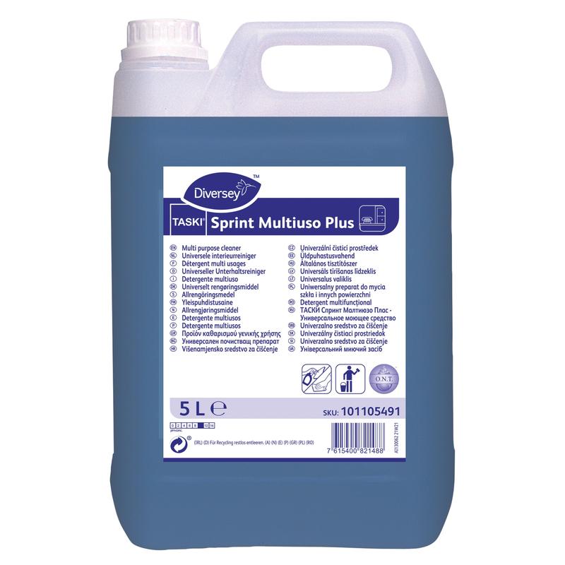 Een 5-liter kunststofcontainer TASKI Sprint Multiuso Plus, Universele Onderhoudsreiniger van Diversey Deutschland GmbH & Co. OHG heeft een blauw etiket en bevat blauwe vloeistof voor effectieve reiniging van meerdere oppervlakken.