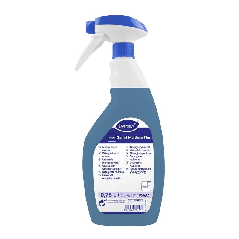 Een blauw-witte 0,75-liter spuitfles Diversey TASKI Sprint Multiuso Plus, Universele Ondergrondreiniger, heeft een meertalig etiket dat de grondige reiniging van verschillende oppervlakken benadrukt.