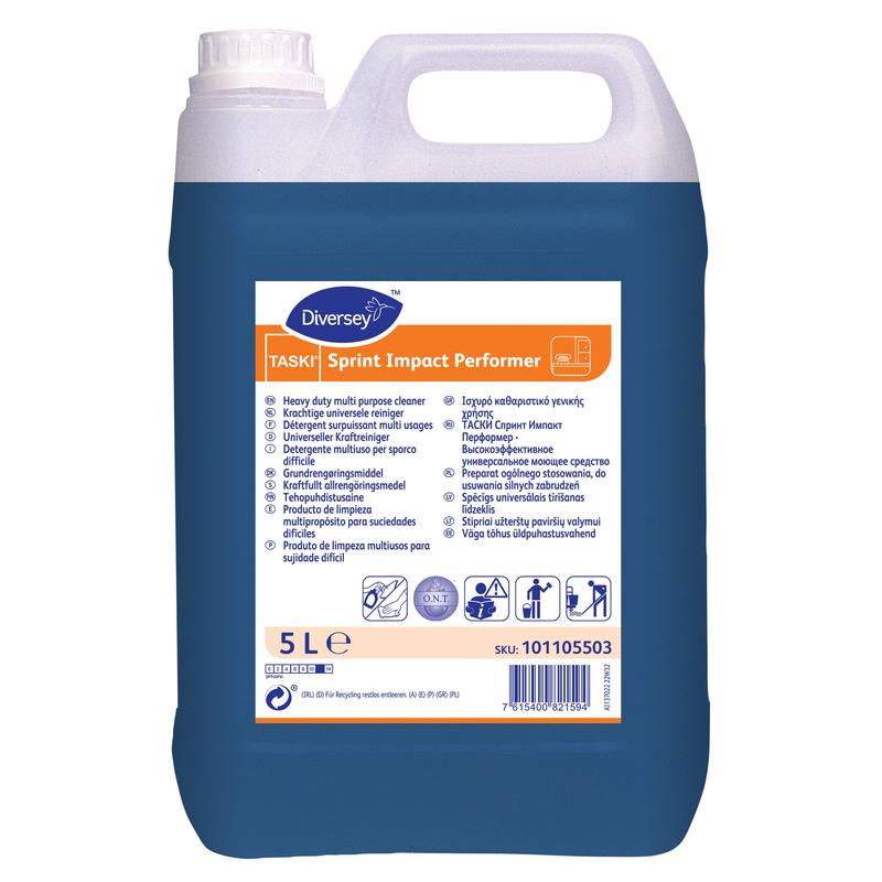 Ein 5-Liter-Kunststoffbehälter mit TASKI Sprint Impact Performer, universeller Kraftreiniger von Diversey Deutschland GmbH & Co. OHG, mit einem blauen Etikett mit detaillierten Eigenschaften und Sicherheitsinformationen in mehreren Sprachen.