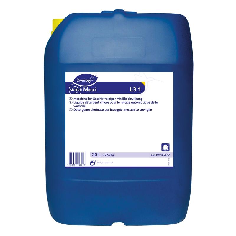 Een blauwe kunststofcontainer van 20 liter met de opdruk "Suma Maxi L3.1" van Diversey Deutschland GmbH & Co. OHG, een zeer effectief reinigings- en chloorhoudend vaatwasmiddel voor machines, met meertalige productinformatie op een wit etiket.