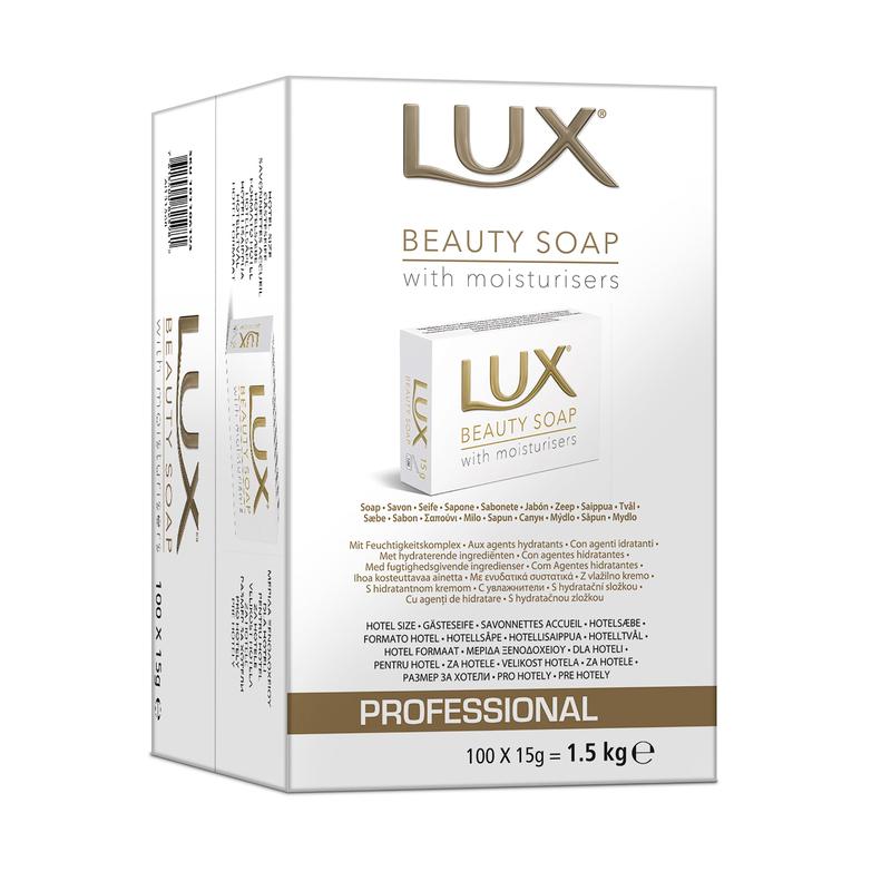 Een verpakking met 100 stuks LUX Professional Beauty Soap gastenzeep (elk 15 g, totaal 1,5 kg) van Diversey Deutschland GmbH & Co. OHG, met het opschrift "Professional" voor hotel- en gastgebruik, met productinformatie en afbeelding op de witte doos.