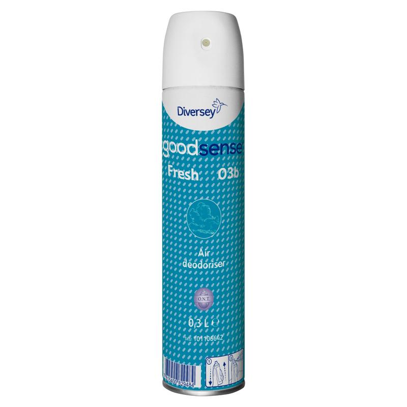 Een hoge aërosolbus met de opdruk "Good Sense Fresh, luchtspray-luchtverfrisser en geurneutralisator | Bus (300 ml)" van Diversey Deutschland GmbH & Co. OHG, met een witte dop, blauw gemusterd lichaam en productsymbolen aan de onderkant.