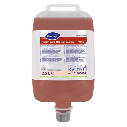 Een 2,5L TASKI Sani 100 Pur-Eco sanitairreiniger van Diversey, pH-neutraal, EU-milieucertificaat, ideaal voor marmerreiniging, met draaggreep, schenktuit en meertalige etiket.
