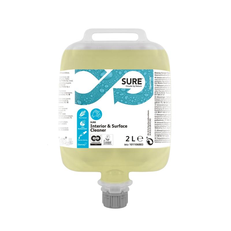 Een 2-liter SURE Interior & Surface Cleaner (allesreiniger) van Diversey Deutschland GmbH & Co. OHG met schenktuit en wit-blauw etiket met productdetails, certificeringen en toepassingsinformatie.