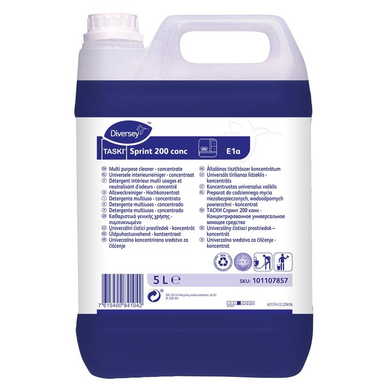 Een 5-liter kunststofcontainer met TASKI Sprint 200 conc Alcoholreiniger Hoogconcentraat van Diversey Deutschland GmbH & Co. OHG, met een blauw-wit meertalig etiket en een draaggreep bovenaan.