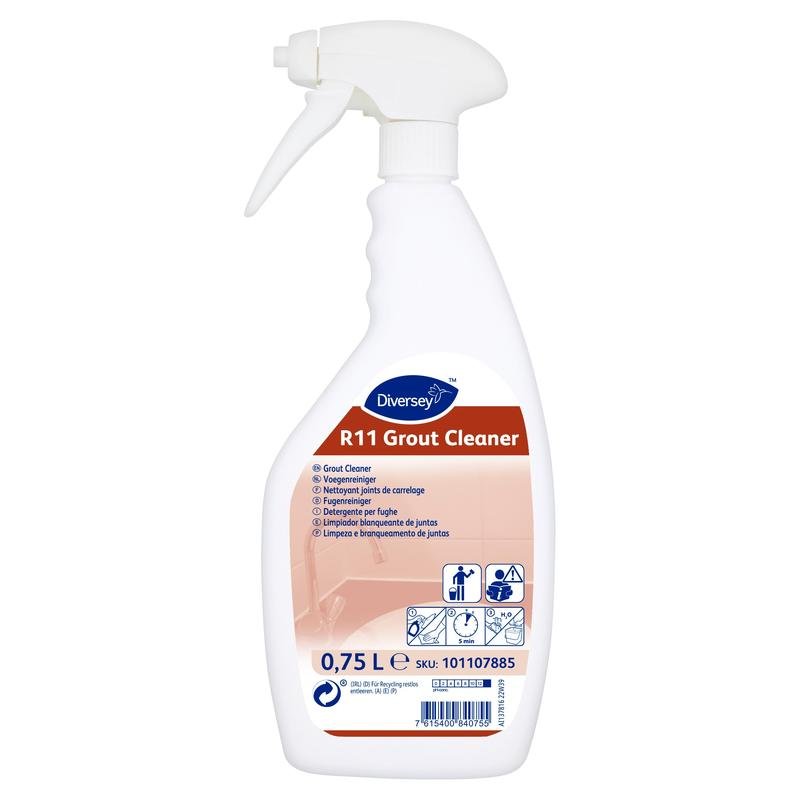 De witte 750 ml spuitfles "Room Care R11, voegreiniger en schimmelverwijderaar" van Diversey Deutschland GmbH & Co. OHG heeft een ergonomische trekker, een krachtige formule en een meertalig etiket met gebruiks- en veiligheidssymbolen.