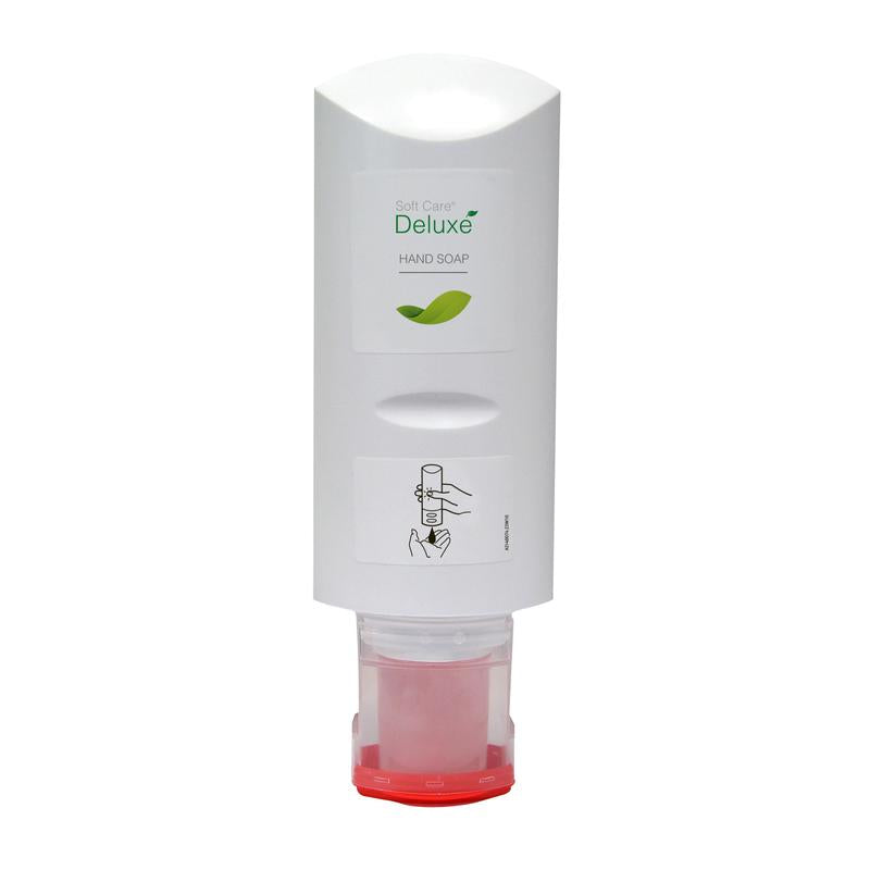 Een witte wanddispenser van de Soft Care Deluxe Handwaslotion (300 ml, Diversey Deutschland GmbH & Co. OHG) met groen bladontwerp, toepassingsbeeld en rode navulpatroon - ideaal voor de dagelijkse huidverzorging.