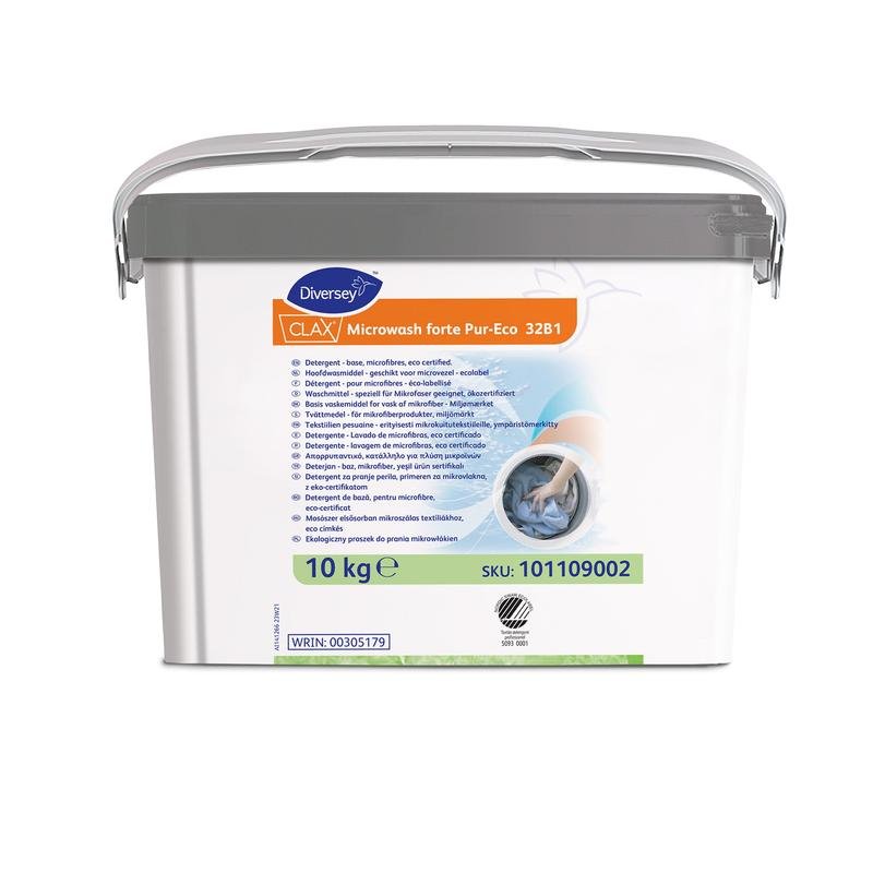 Een witte kunststofcontainer van 10 kg van Clax Microwash forte Pur-Eco wasmiddel voor microvezels (milieucertificaat) van Diversey Deutschland GmbH & Co. OHG, met een grijze handgreep en deksel, heeft aan de voorkant productinformatie en toepassingsinstructies.