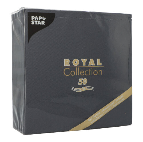 Abgebildet ist ein 50er-Pack PAPSTAR GmbH Servietten "ROYAL Collection" 1/4-Falz, 40 x 40 cm in schwarz, mit schwarzen Servietten in Kunststoffverpackung mit eleganter gold-weißer Schrift.