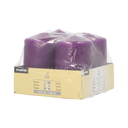 Vier ivoorkleurige Starpak stompkaarsen (Ø 50 mm, 80 mm, platte bovenkant) zijn verpakt in doorzichtig plastic en voorzien van een beige-wit etiket waarop het merk Starpak en kaarsdetails te zien zijn. Ze zijn gemaakt van hoogwaardig was voor duurzame kwaliteit.