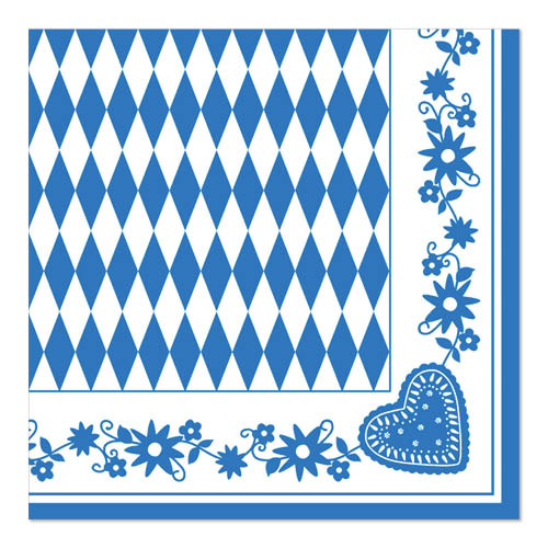 De PAPSTAR servetten 1/4-vouw, 40x40 cm blauw, "Bayrisch Blau" van PAPSTAR GmbH hebben een blauw-witte ruitmidden met blauwe bloemen- en hartborder - ideale Beierse servetten voor het Oktoberfest (50 stuks).