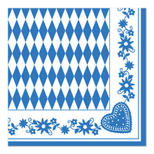 Die PAPSTAR Servietten 1/4-Falz, 40x40 cm blau, "Bayrisch Blau" von PAPSTAR GmbH haben eine blau-weiße Rautenmitte mit blauer Blumen- und Herzbordüre - ideale bayerische Servietten zum Oktoberfest (50 Stück).