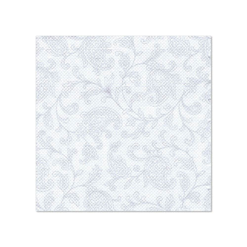 Een vierkante witte servet in het formaat 25 x 25 cm uit de ROYAL Collection van de PAPSTAR GmbH met subtiele lichtblauwe bloemen- en bladdruk; verkocht als „PAPSTAR 20 servetten 'ROYAL Collection' 1/4-vouw“. Op een eenvoudige witte achtergrond.