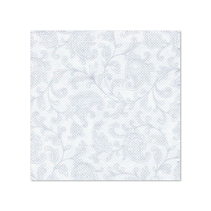 Een vierkante witte servet in het formaat 25 x 25 cm uit de ROYAL Collection van de PAPSTAR GmbH met subtiele lichtblauwe bloemen- en bladdruk; verkocht als „PAPSTAR 20 servetten 'ROYAL Collection' 1/4-vouw“. Op een eenvoudige witte achtergrond.