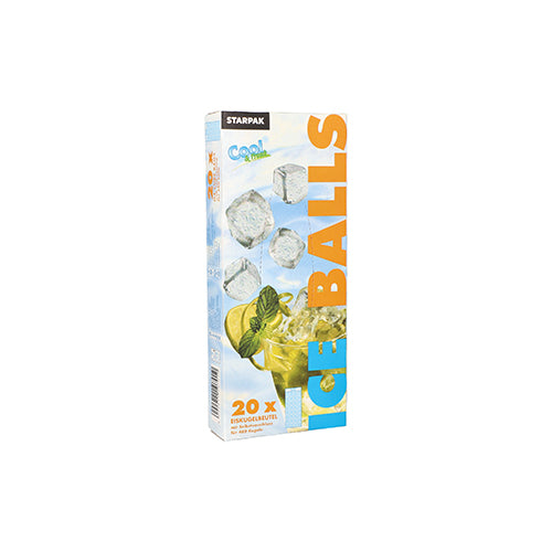 Die Starpak 20 Eiskugelbeutel mit Selbstverschluss und Easy Release-Box sind in den Farben Blau, Weiß und Orange erhältlich, enthalten Eiswürfel, ein Kaltgetränk mit Limette und Minze und 20 leicht zu öffnende Eiskugelbeutel.