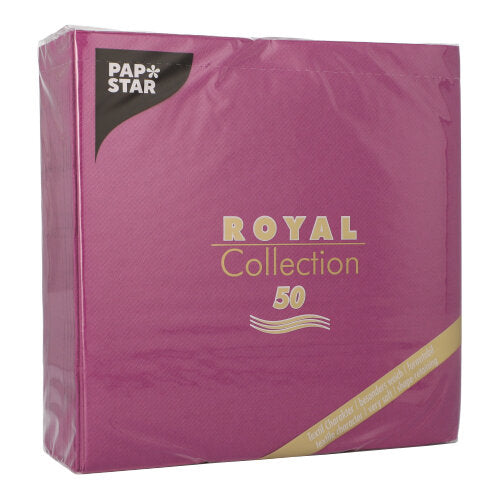 Eine Packung mit 50 PAPSTAR Servietten "ROYAL Collection" 1/4-Falz 40 x 40 cm in lila von PAPSTAR GmbH. Die Verpackung hat goldene und weiße Schrift und ein dreieckiges schwarzes Etikett in der oberen linken Ecke.