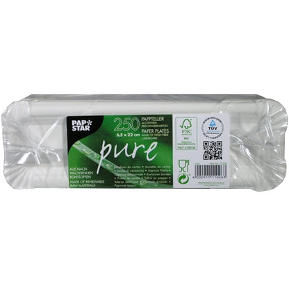 Een verpakking met 250 PAPSTAR GmbH "puur" rechthoekige witte kartonnen borden, verpakt in doorzichtig plastic met productinformatie en milieuvriendelijke certificeringssymbolen op het etiket.