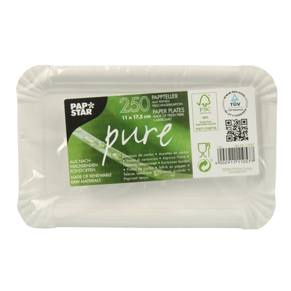 Een rechthoekige stapel PAPSTAR 250 borden, karton "pure" rechthoekig wit, van verse vezelkarton (11 x 17,5 cm), verpakt in plastic. Het label toont: FSC- en TÜV-gecertificeerd, gemaakt van hernieuwbare grondstoffen.