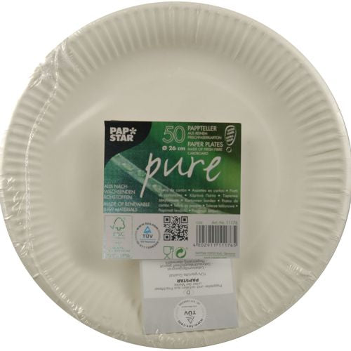Een verpakking met 50 PAPSTAR papieren borden rond Ø 26 cm, extra sterk, wit "pure", gemaakt van 100% vers vezelkarton van PAPSTAR GmbH. De krimpfolie is voorzien van FSC-certificaat, recycling-symbolen en productinformatie.