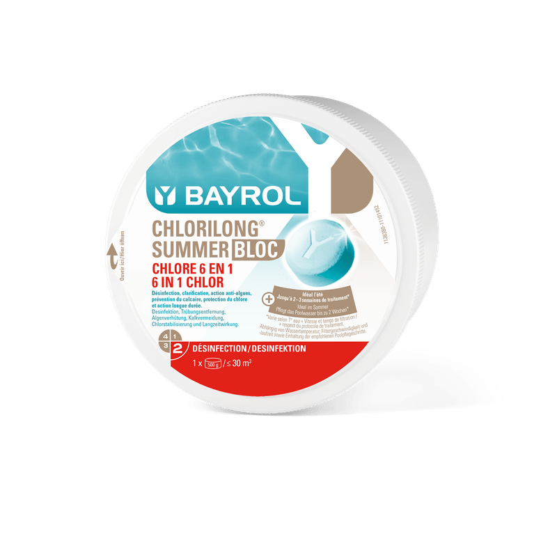 BAYROL Chlorilong Summer Bloc 0,5 kg 6in1 Zwembadverzorging voor kristalhelder water | Verpakking (500 g) 
