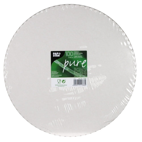 Een doorzichtige, in plastic gewikkelde stapel ronde witte taartplaten met de opdruk "PAPSTAR 100 taartonderleggers, karton 'pure' rond" van de PAPSTAR GmbH - 100 stuks per verpakking, ideaal voor de gastronomie en bekend om hun kwaliteit.