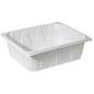 Die Duni GmbH PP Schale 1/2 GN Weiß PP 325x265 ist ein rechteckiger weißer Behälter mit leicht abgeschrägten Seiten und breitem Rand, ideal für den Einsatz in der Gastronomie, abgebildet auf einem schlichten weißen Hintergrund.