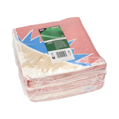 In een verzegelde kunststofverpakking van PAPSTAR GmbH bevinden zich 1.000 'Zick-Zack' frietzakjes van pergamentvervanger met kleurrijk ontwerp en groen productetiket aan de bovenkant.