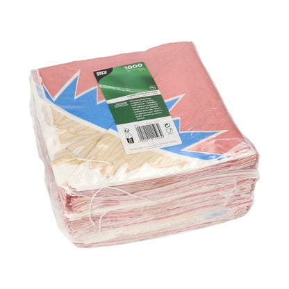 In een verzegelde kunststofverpakking van PAPSTAR GmbH bevinden zich 1.000 'Zick-Zack' frietzakjes van pergamentvervanger met kleurrijk ontwerp en groen productetiket aan de bovenkant.