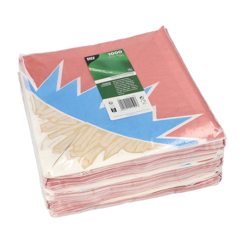 Een stapel rood-blauw-witte PAPSTAR 1000 frietzakjes in zigzagvorm (pergamentvervanger) is verpakt in transparante folie en voorzien van een groen etiket van PAPSTAR GmbH.