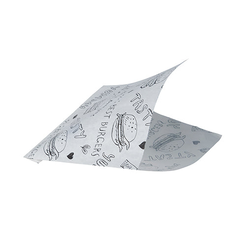 Een PAPSTAR 1000 hamburgerzakjes-vel (perkamentvervanger, vetdicht) van de PAPSTAR GmbH, wit als krantenpapier, toont zwarte burger-illustraties, "TASTY", harten en krabbels, waarbij twee hoeken licht zijn opgetild, alsof ze gevouwen of zwevend zijn.