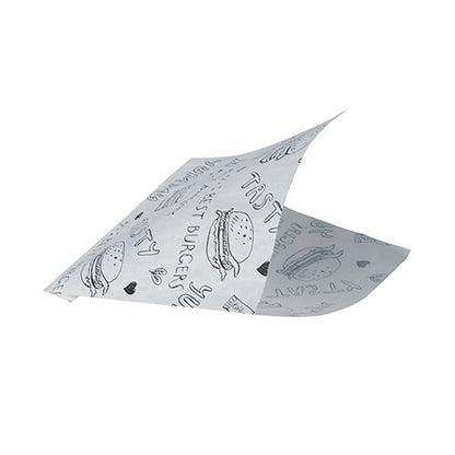 Een PAPSTAR 1000 hamburgerzakjes-vel (perkamentvervanger, vetdicht) van de PAPSTAR GmbH, wit als krantenpapier, toont zwarte burger-illustraties, "TASTY", harten en krabbels, waarbij twee hoeken licht zijn opgetild, alsof ze gevouwen of zwevend zijn.