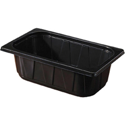 De Duni GmbH PP Schale 1/4 GN Schwarz is een rechthoekige, zwarte schaal met rechte zijkanten en een brede rand - perfect voor buffetpresentaties of het bewaren van voedsel in de professionele keuken.