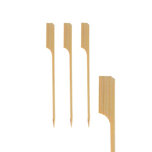 Vier PAPSTAR fingerfood-spiesen "puur" (10 cm) van de PAPSTAR GmbH zijn afgebeeld op een witte achtergrond: drie verticaal, één horizontaal met een gebogen steel. Ideaal voor golfevenementen en catering, verkrijgbaar in een doos van 40 stuks.