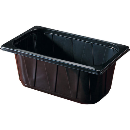 De Duni GmbH PP Schale 1/4 GN Schwarz is een zwarte, rechthoekige eetkom met licht taps toelopende zijkanten en een brede rand, ideaal voor buffetpresentaties in de horeca, afgebeeld op een witte achtergrond.