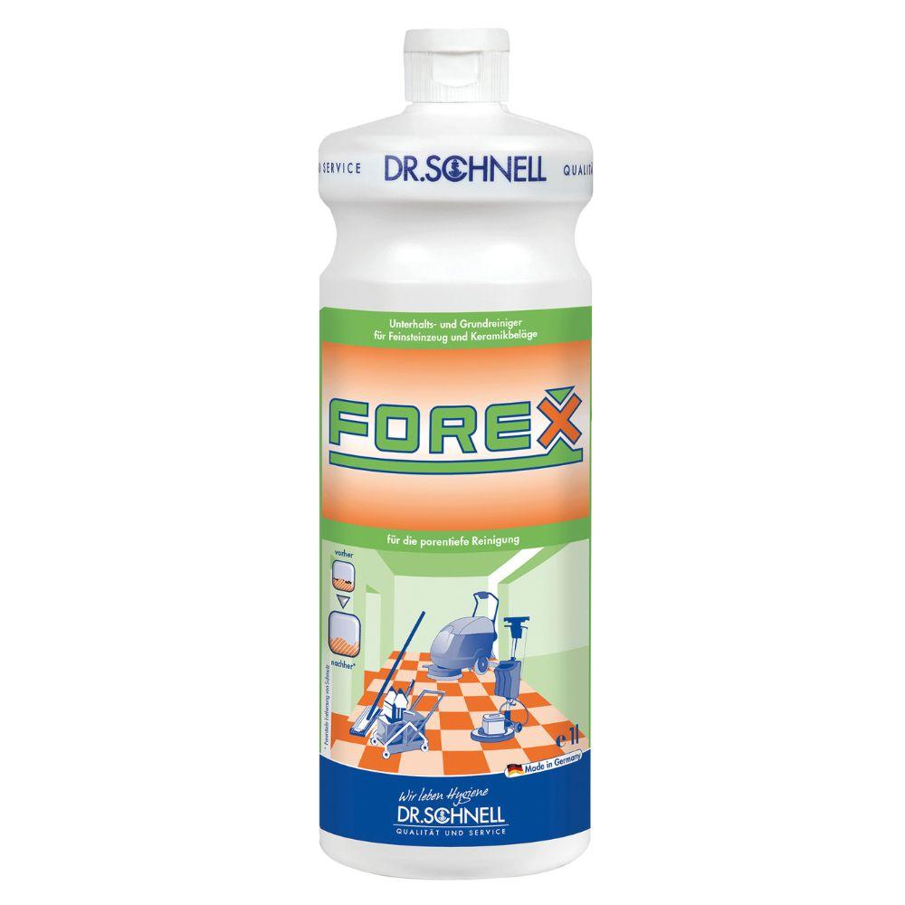 Een witte fles Dr. Schnell FOREX Alkalische onderhouds- en basisreiniger van DR.SCHNELL GmbH & Co. KGaA, met groen-oranje etiketten met afbeeldingen van reinigingsapparaten en Duitse tekst. Geschikt voor porcellanato en keramische tegels.