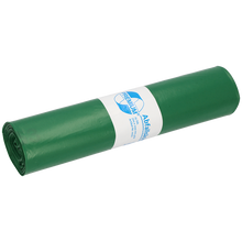 Ein gerolltes Bündel grüner DEISS 12002 Müllsäcke (700x1100 mm, Typ 60) von EMIL DEISS KG, 25 Säcke pro Rolle, mit weißem Etikett und blauem Text für professionelle Abfallentsorgung.