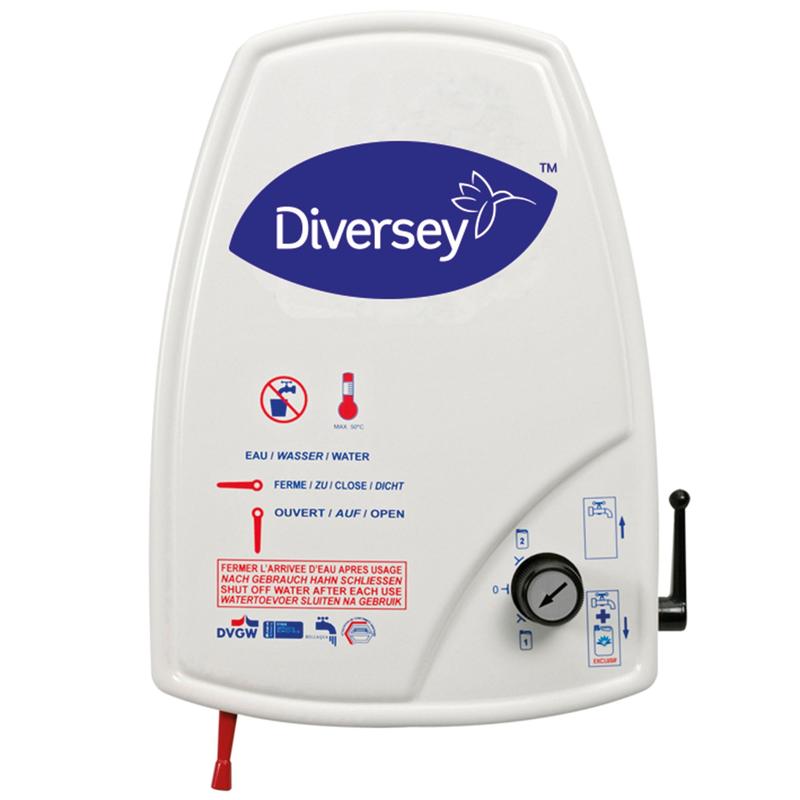 Het J2000 doseerstation compleet van Diversey Deutschland GmbH & Co. OHG is een meng-spuitapparaat voor twee producten met meertalige handleiding, bedieningsknop, temperatuuraanduiding, hendel en rode spuitmond voor nauwkeurige dosering.