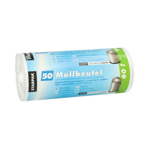 Een rol met 50 Starpak vuilniszakken, witte HDPE-zakken (60 l, 81 x 63 cm), met Duitse opschrift en verpakt in een hoes met Starpak-logo.