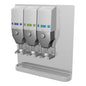 Drie DQFM-systeemdispensers (blauw, groen, blauw), wandgemonteerd met een metalen lekbak, vooraf geïnstalleerd voor lage doorstroming. Compatibel met hoogconcentraat voor hygiënisch gebruik. Merk: Diversey Deutschland GmbH & Co. OHG.