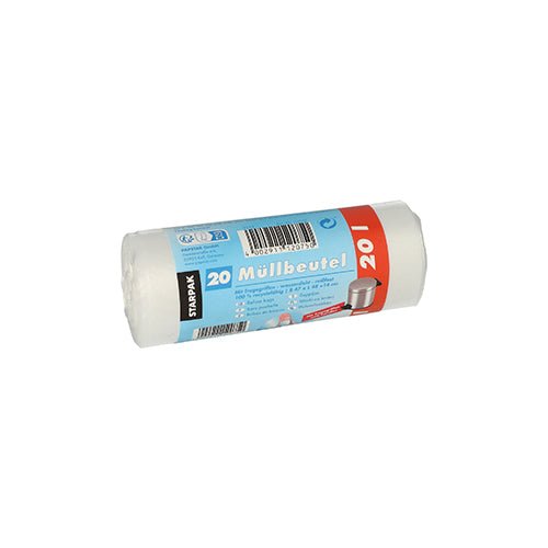 Een rol met 20 transparante Starpak vuilniszakken met draaggrepen (20L, 48x47 cm, HDPE) met een blauw-rode banderol met het opschrift "20 Vuilniszakken 20L", een barcode, een vuilnisbakafbeelding en het merk Starpak.