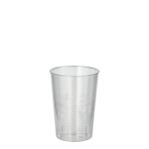 Een glasheldere Starpak 40 drinkbeker (PS, 0,1l, Ø 5,5cm · 7,5cm) staat voor een witte achtergrond. Op de krimpfolie zijn lichte tekstdetails zichtbaar - ideaal voor feestjes en evenementen (40 stuks).