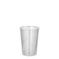 Een glasheldere Starpak 40 drinkbeker (PS, 0,1l, Ø 5,5cm · 7,5cm) staat voor een witte achtergrond. Op de krimpfolie zijn lichte tekstdetails zichtbaar - ideaal voor feestjes en evenementen (40 stuks).